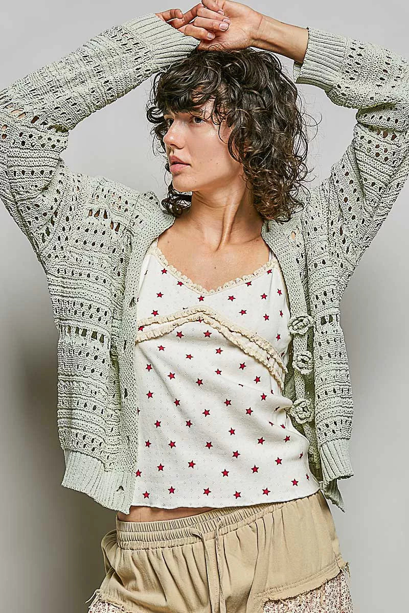 POL Open-Knit Floral Button Cardigan on Simply Obsessed