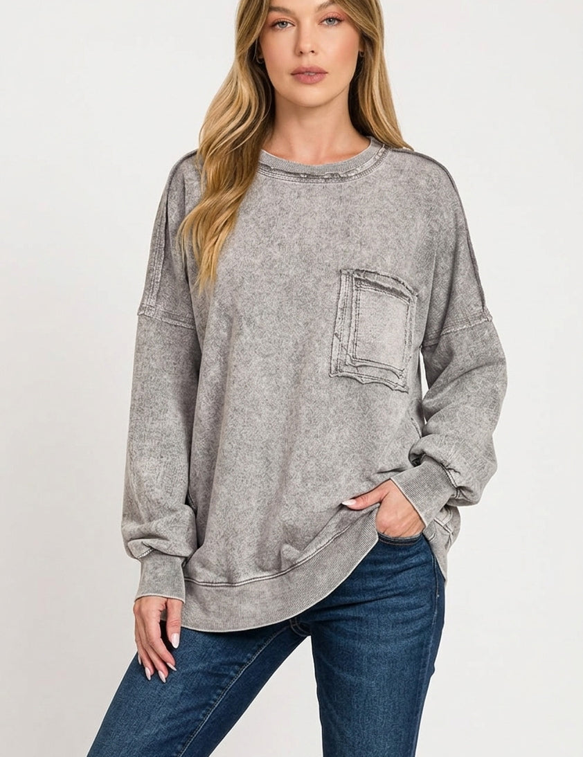 ZENANA Halo Washed French Terry Exposed-seam Sweatshirt on Simply Obsessed