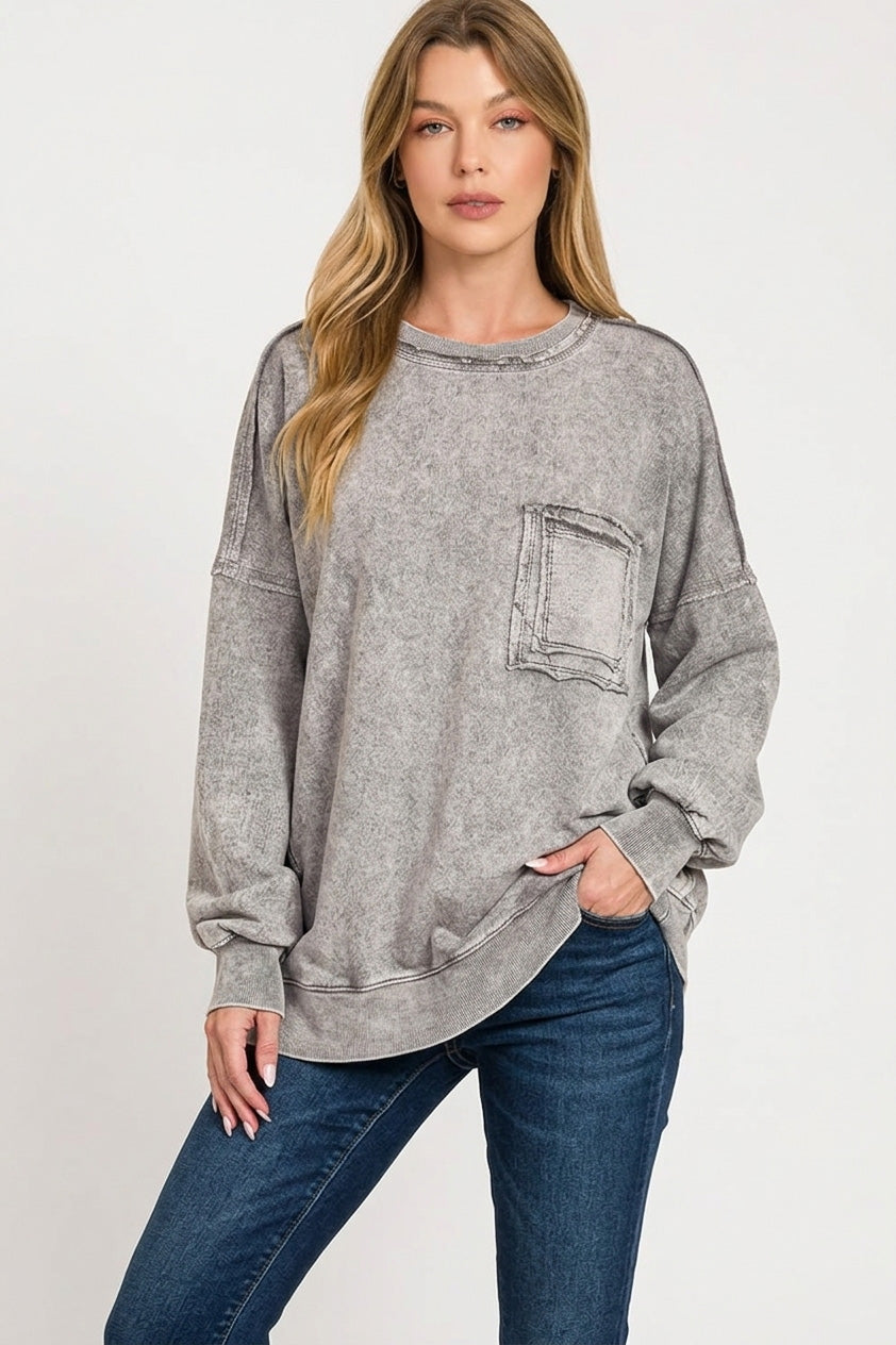 ZENANA Halo Washed French Terry Exposed-seam Sweatshirt on Simply Obsessed