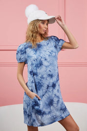 BiBi Puff Sleeve With Side Pockets Tie Dye Dress on Simply Obsessed