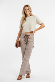 BIBI Drawstring Striped Twill Barrel Pants on Simply Obsessed