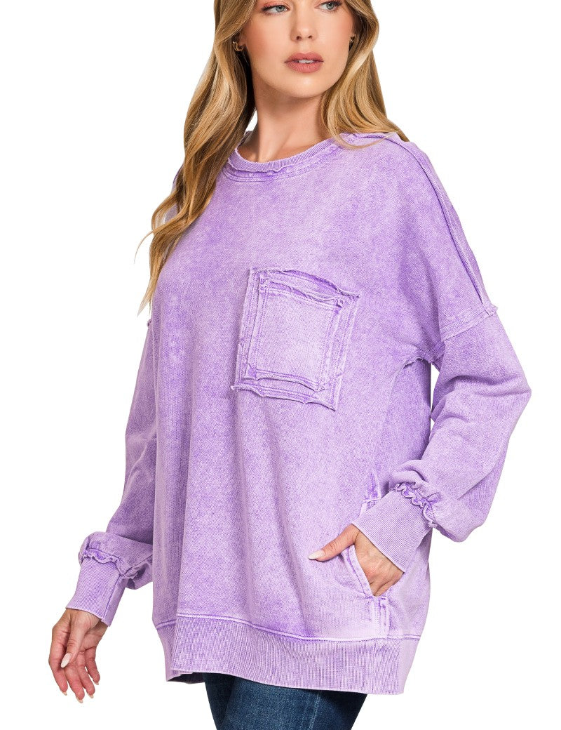 ZENANA Halo Washed French Terry Exposed-seam Sweatshirt on Simply Obsessed