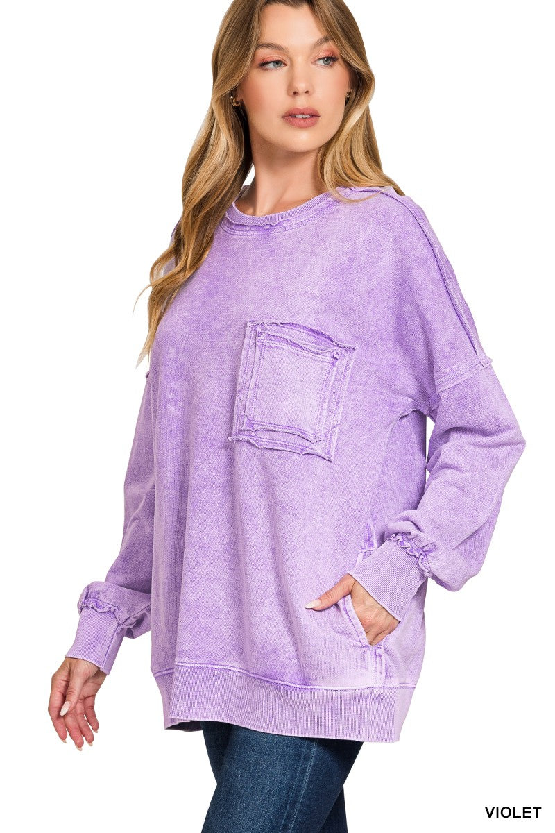 ZENANA Halo Washed French Terry Exposed-seam Sweatshirt on Simply Obsessed