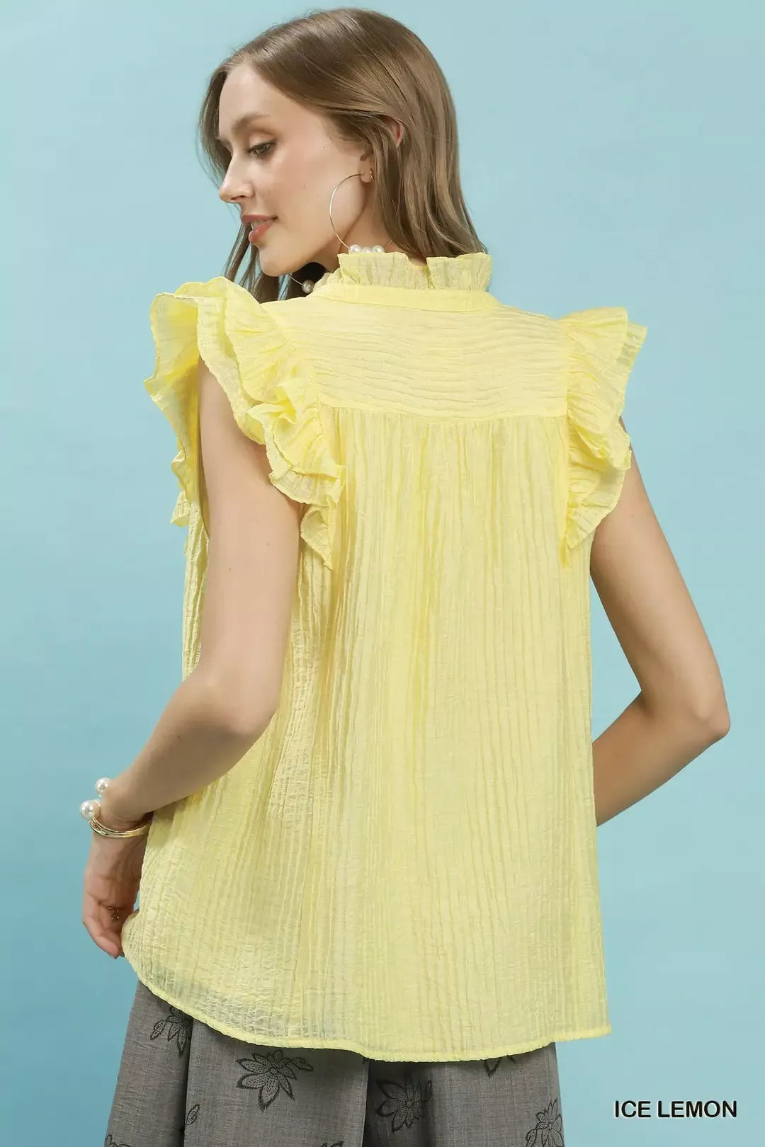 UMGEE Textured Ruffle Sleeve Split V Neck Top on Simply Obsessed