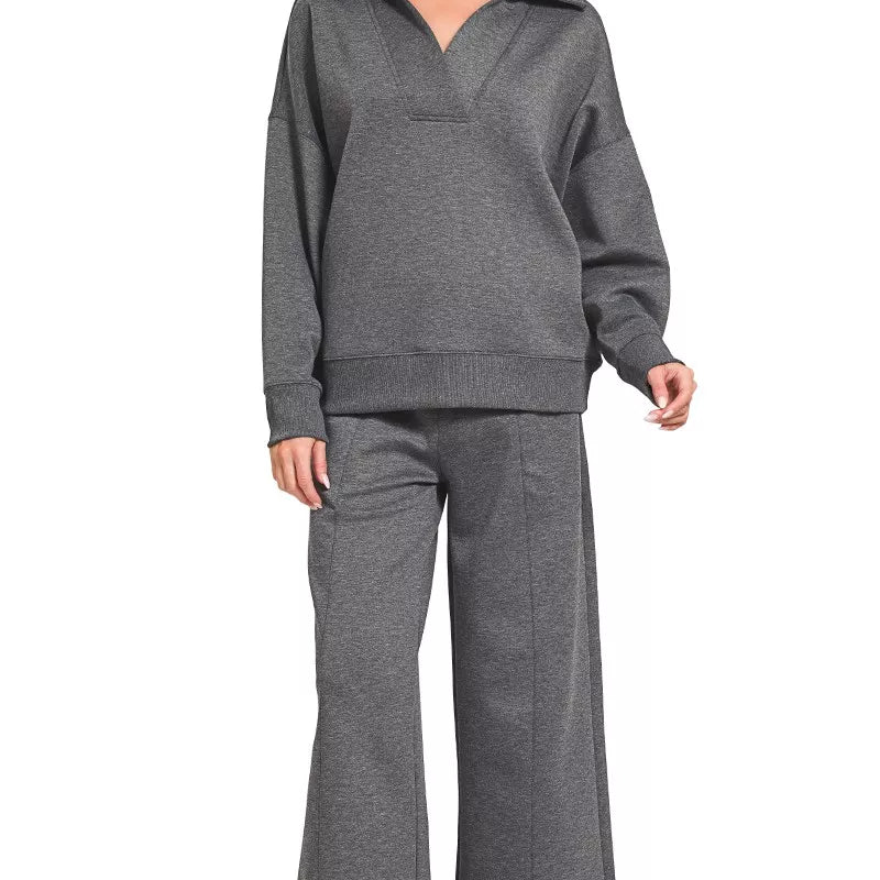 ZENANA Scuba Collared Pullover and Pants Set on Simply Obsessed
