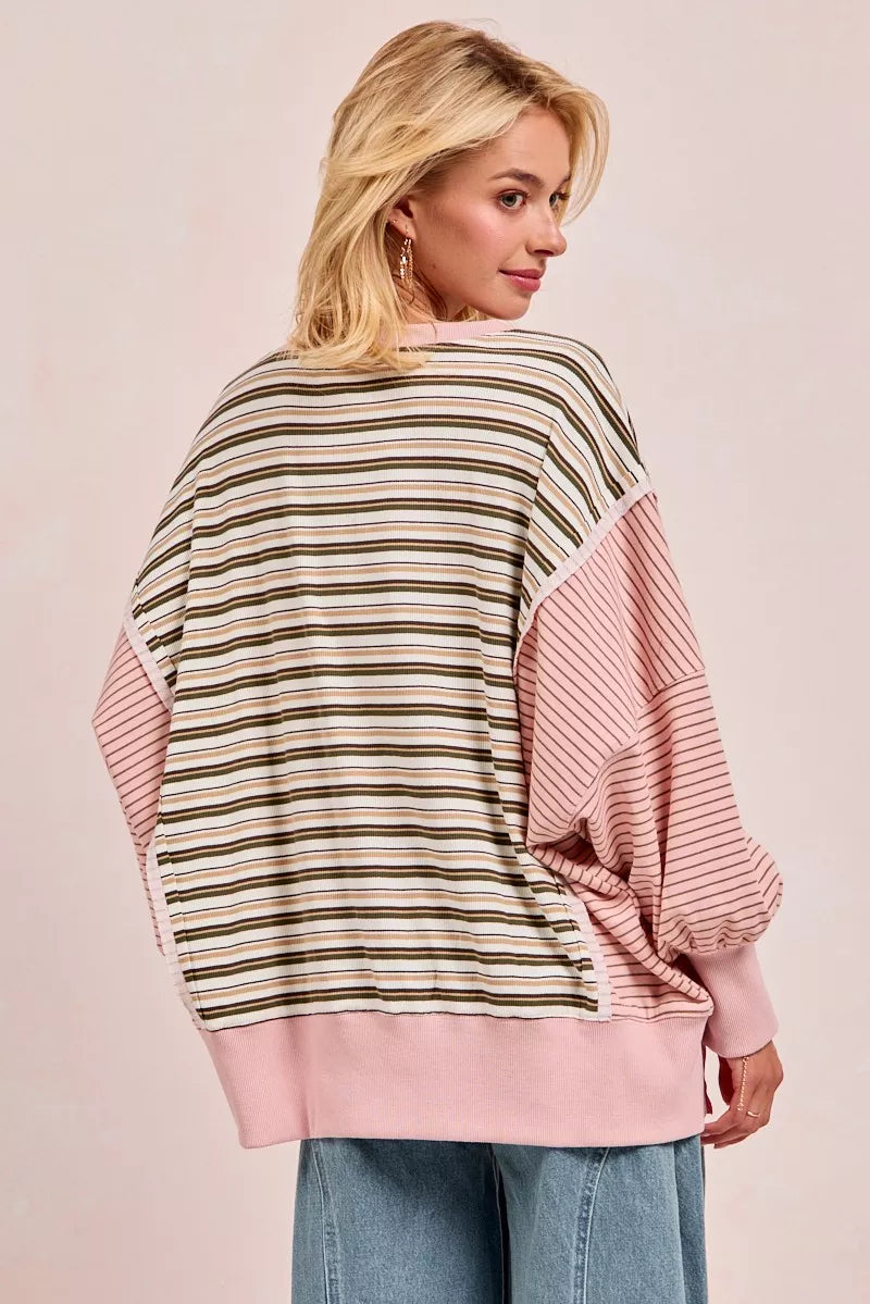BIBI Stripe Mixed Top With Cut Edge And Reverse Outseam on Simply Obsessed