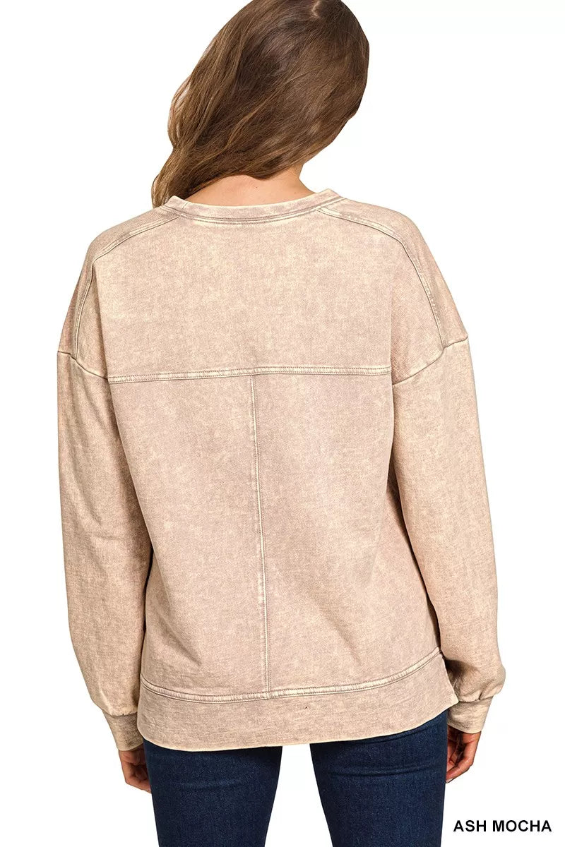 Zenana Acid Wash French Terry Exposed-Seam Pullover on Simply Obsessed