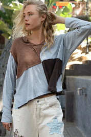 POL Color Block Notched Long Sleeve T-Shirt on Simply Obsessed