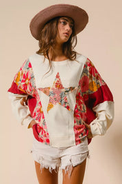 BIBI Floral Print Mixed Star Patch Round Neck Sweatshirt on Simply Obsessed