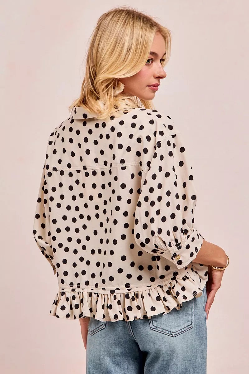 BIBI Polka Dot Printed Peplum Top with Front Button on Simply Obsessed
