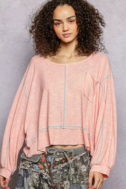 POL Round Neck Long Sleeve Exposed Seam Top with Chest Pocket on Simply Obsessed
