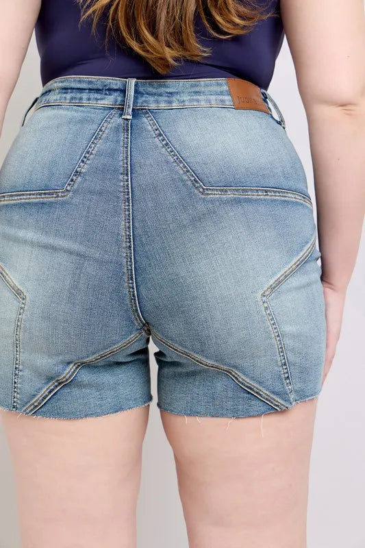 JUDY BLUE Full Size High Waist Star Seam Detail Denim Shorts Plus Size on Simply Obsessed