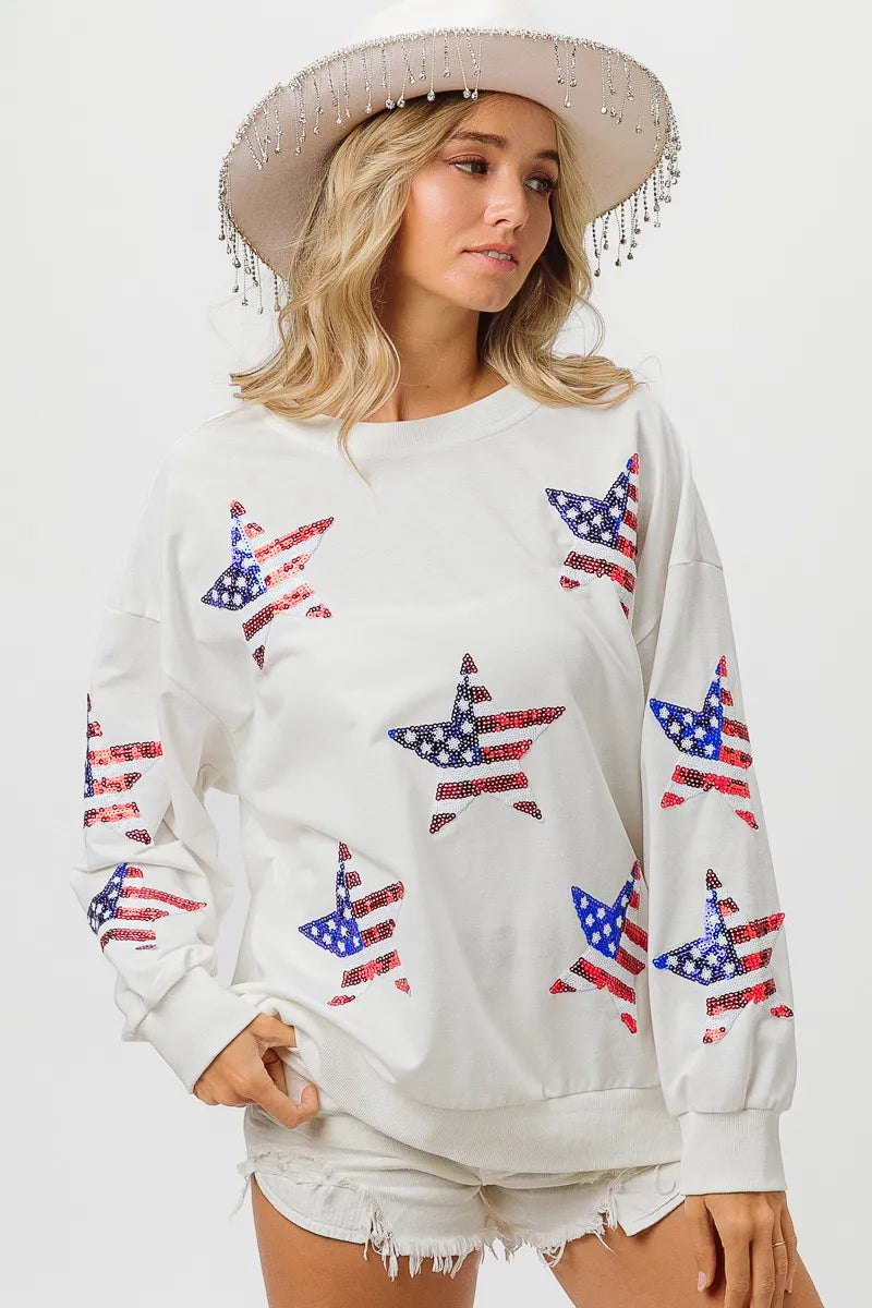 BIBI American Flag Sequin Star Sweatshirt on Simply Obsessed
