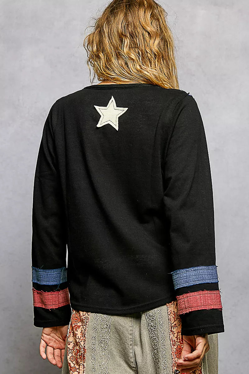 POL Double Gauze American Flag Patch V-Neck Long Sleeve T-Shirt on Simply Obsessed
