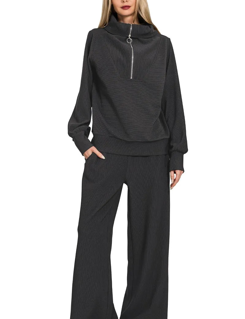ZENANA Ribbed High Neck Half Zip Pullover & Pants Set on Simply Obsessed