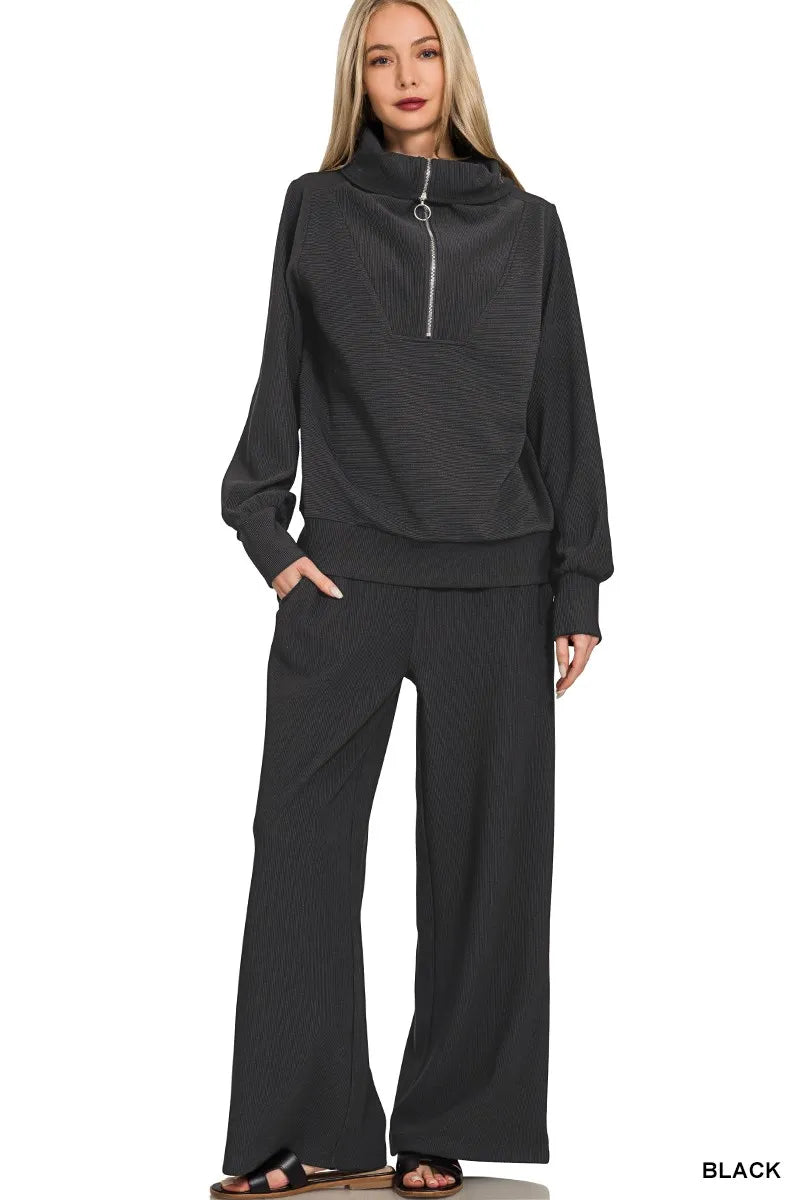 ZENANA Ribbed High Neck Half Zip Pullover & Pants Set on Simply Obsessed