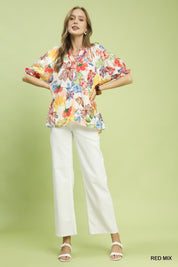 UMGEE Watercolor Floral Print Top with High-Low Hem on Simply Obsessed