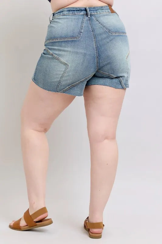 JUDY BLUE Full Size High Waist Star Seam Detail Denim Shorts Plus Size on Simply Obsessed
