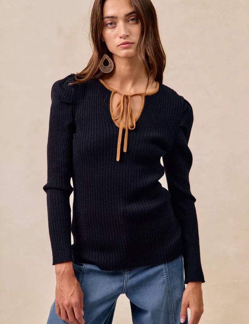BiBi Ribbed Contrast Front Tied Top with Shrried on Simply Obsessed