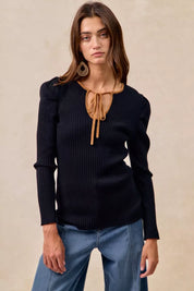 BiBi Ribbed Contrast Front Tied Top with Shrried on Simply Obsessed