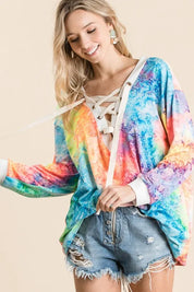 BiBi Tie Dye Deep V-neck Top With Lace Up Front on Simply Obsessed