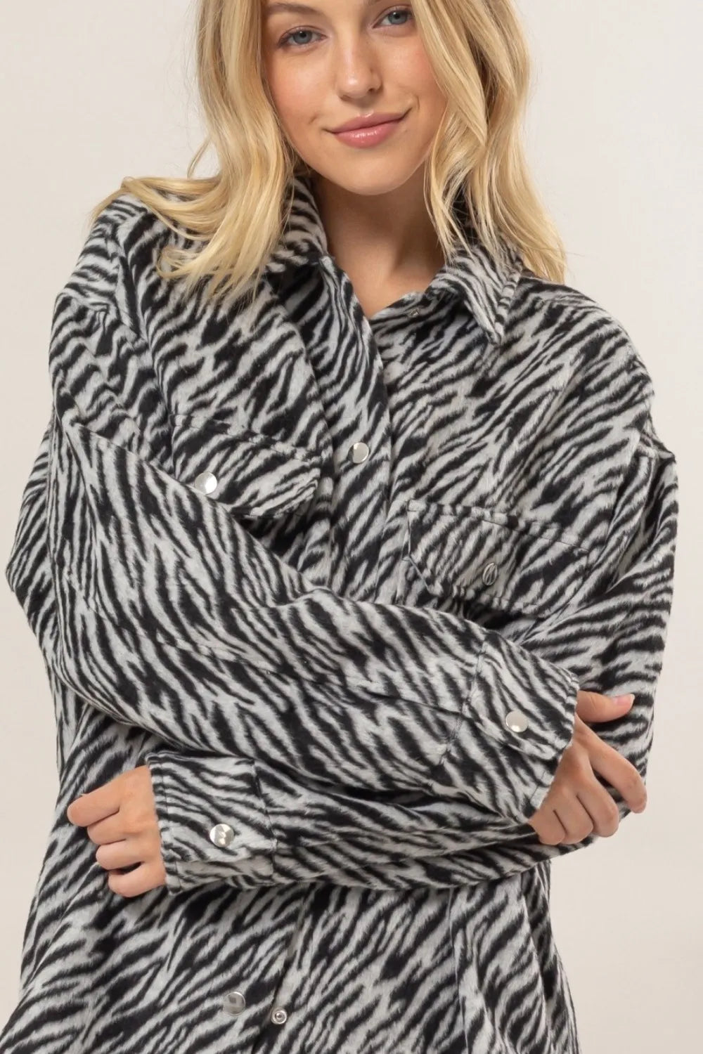 HYFVE Zebra Print Snap Down Long Sleeve Shacket on Simply Obsessed