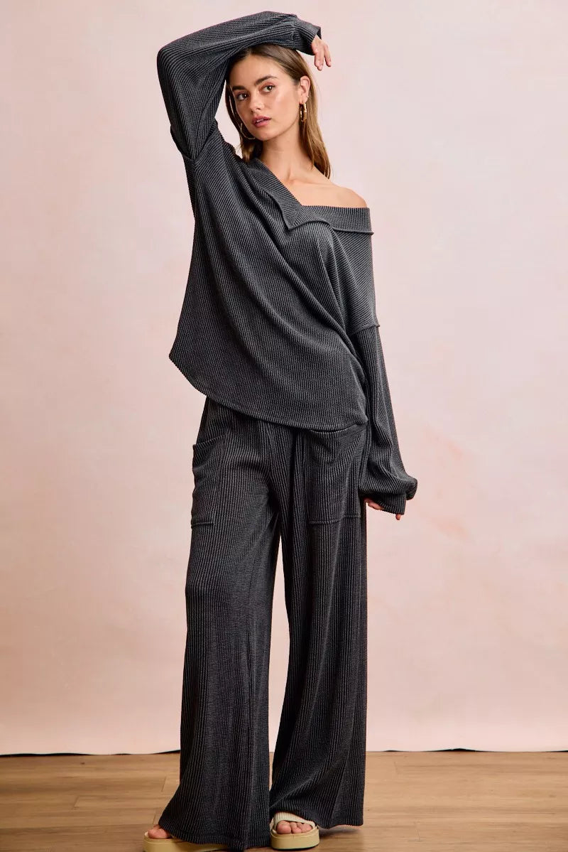 BIBI Two Tone Cord Rib Contrast Stitching V-Neck Top and Pants Set on Simply Obsessed