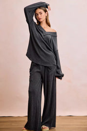BIBI Two Tone Cord Rib Contrast Stitching V-Neck Top and Pants Set on Simply Obsessed