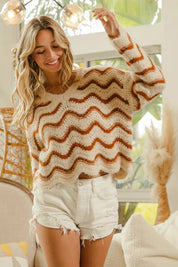 BiBi Wavy Stripes V-Neck Cropped Sweater on Simply Obsessed