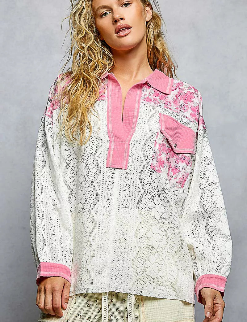 POL Floral Print Long Sleeve Lace Shirt with Front Pocket on Simply Obsessed