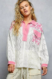 POL Floral Print Long Sleeve Lace Shirt with Front Pocket on Simply Obsessed