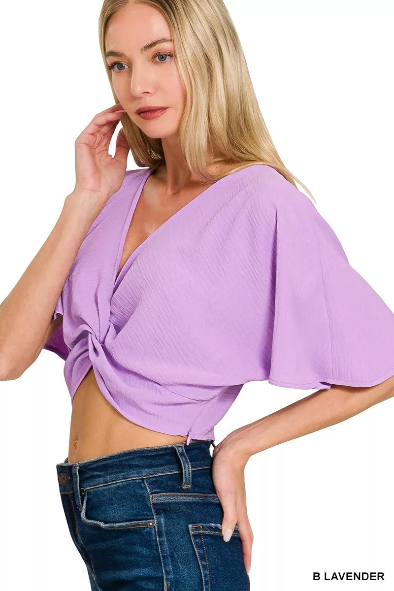 ZENANA Woven Airflow Twisted Top & Wide Leg Pants Set on Simply Obsessed