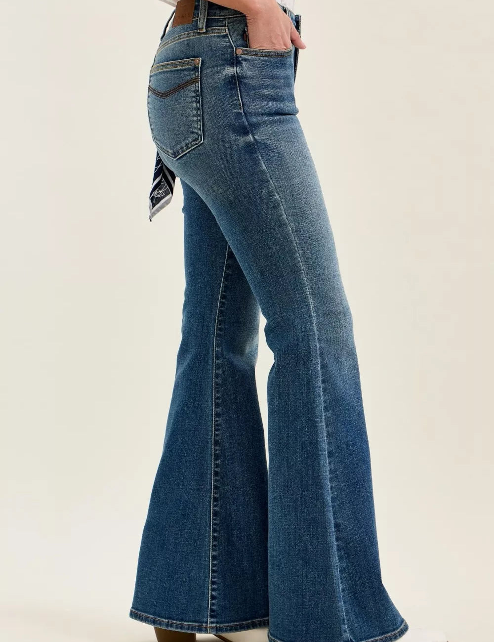JUDY BLUE Mid Rise Jaqueline Flare with Triple Needle Back Pkts and Bandana Loop on Simply Obsessed