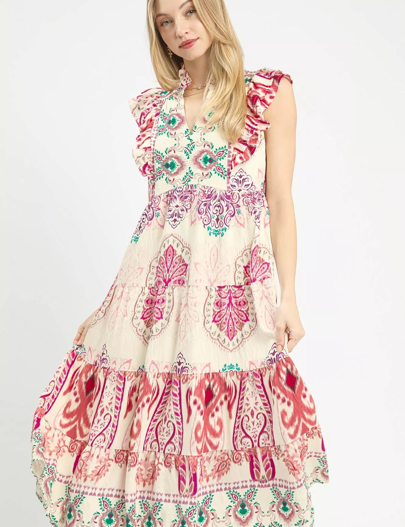 UMGEE Boho Boarder Print Ruffle Midi Dress on Simply Obsessed
