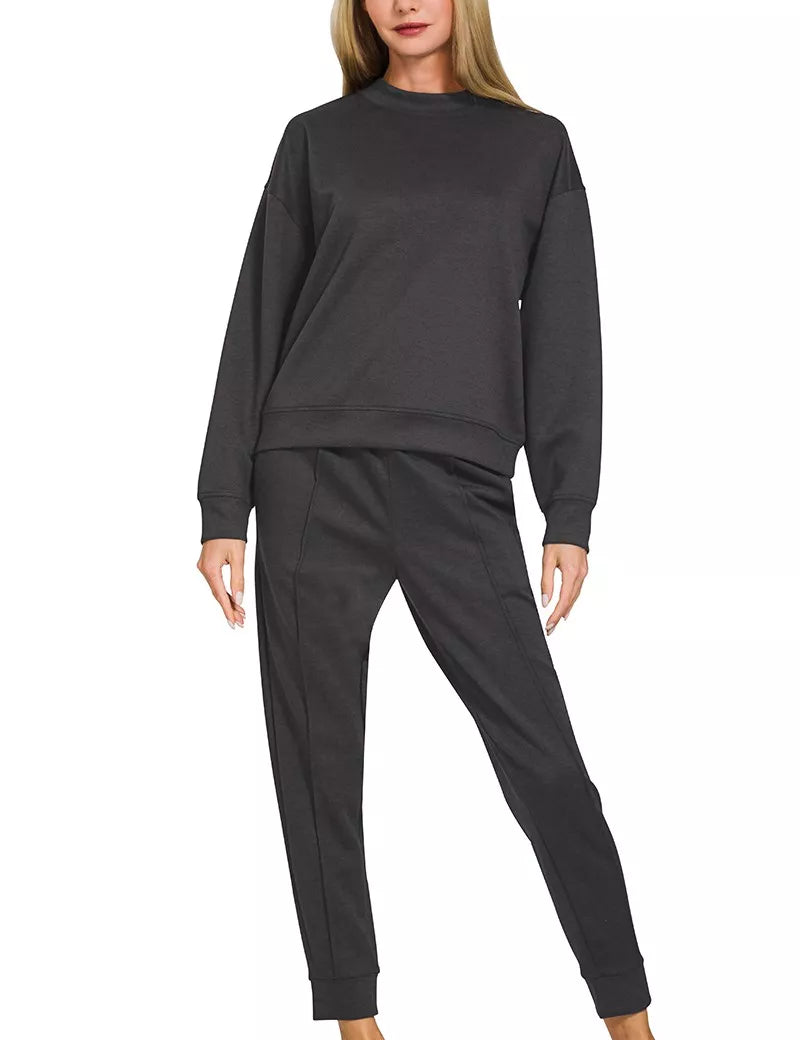 ZENANA Scuba Mock Neck Sweatshirt and Joggers Set on Simply Obsessed