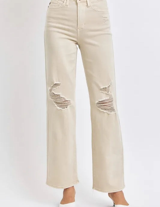 JUDY BLUE Full Size High Waist Distressed Wide Leg Jeans on Simply Obsessed
