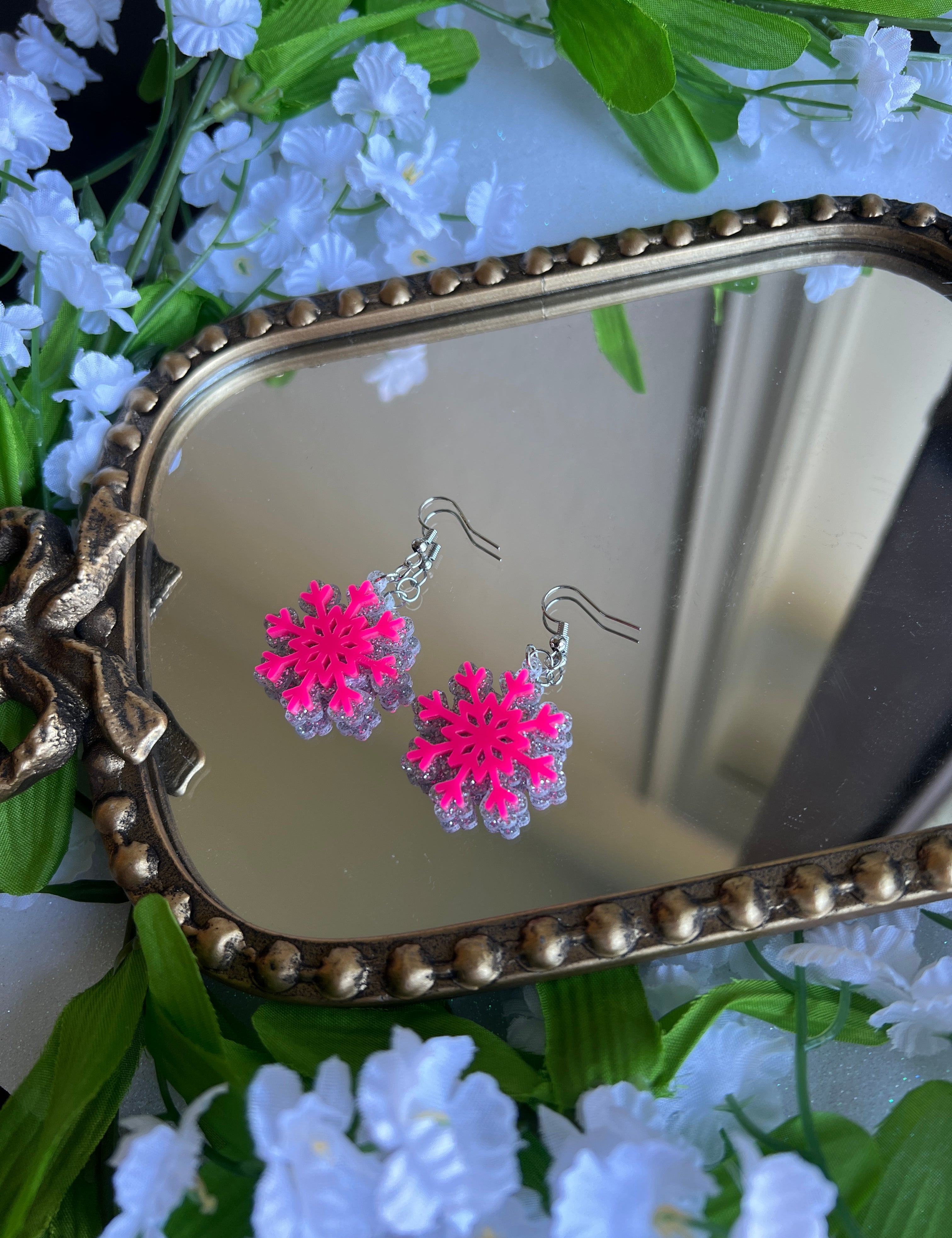 DIXIE ROSE Layered Pink Snowflake Earrings on Simply Obsessed