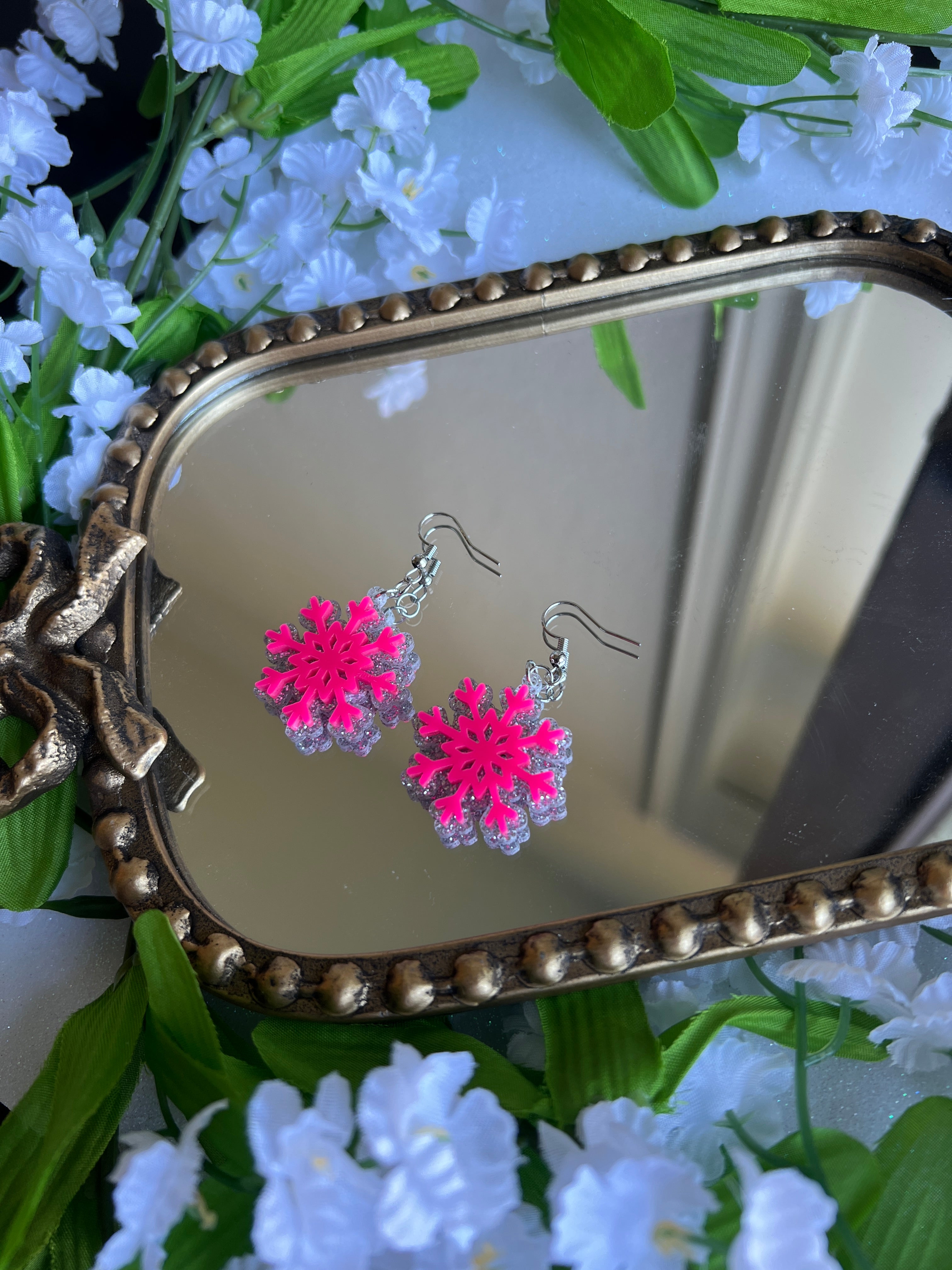 DIXIE ROSE Layered Pink Snowflake Earrings on Simply Obsessed