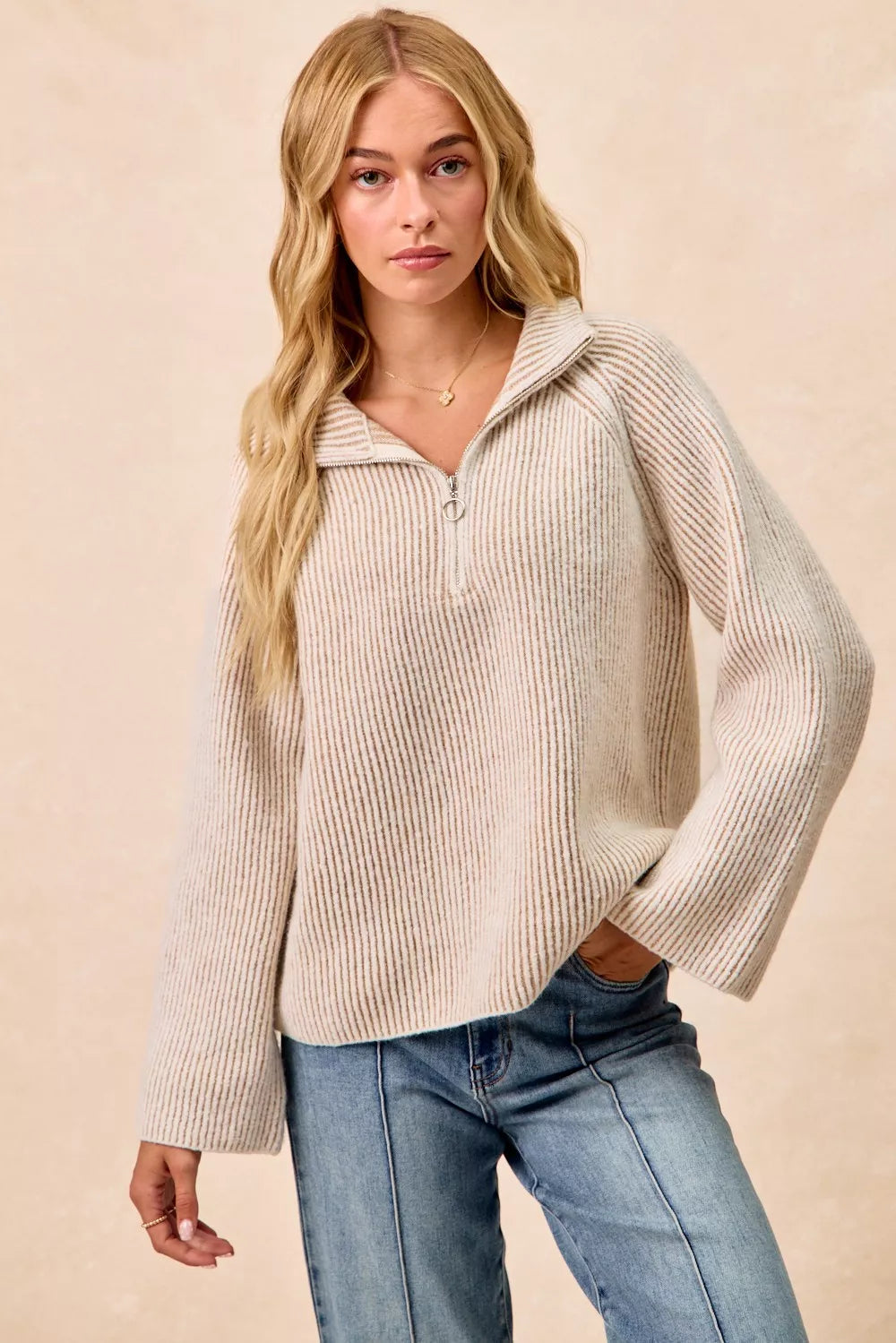 BiBi Two Tone Rib Texured Knit Collared Top with Zip Up on Simply Obsessed