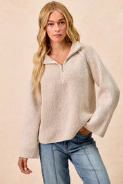 BiBi Two Tone Rib Texured Knit Collared Top with Zip Up on Simply Obsessed