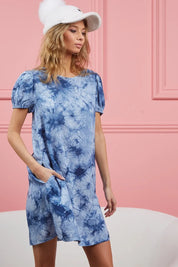 BiBi Puff Sleeve With Side Pockets Tie Dye Dress on Simply Obsessed