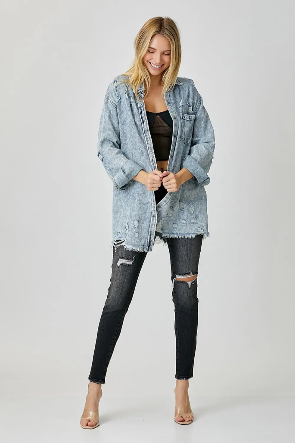 RISEN Distressed Raw Hem Denim Shirt on Simply Obsessed