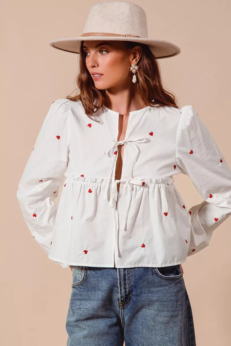 SO ME Front Tie Heart Embroidered Blouse With Puff Sleeve on Simply Obsessed