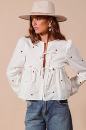 SO ME Front Tie Heart Embroidered Blouse With Puff Sleeve on Simply Obsessed