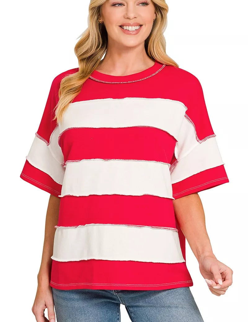 ZENANA French Terry Striped Exposed Seam Top on Simply Obsessed