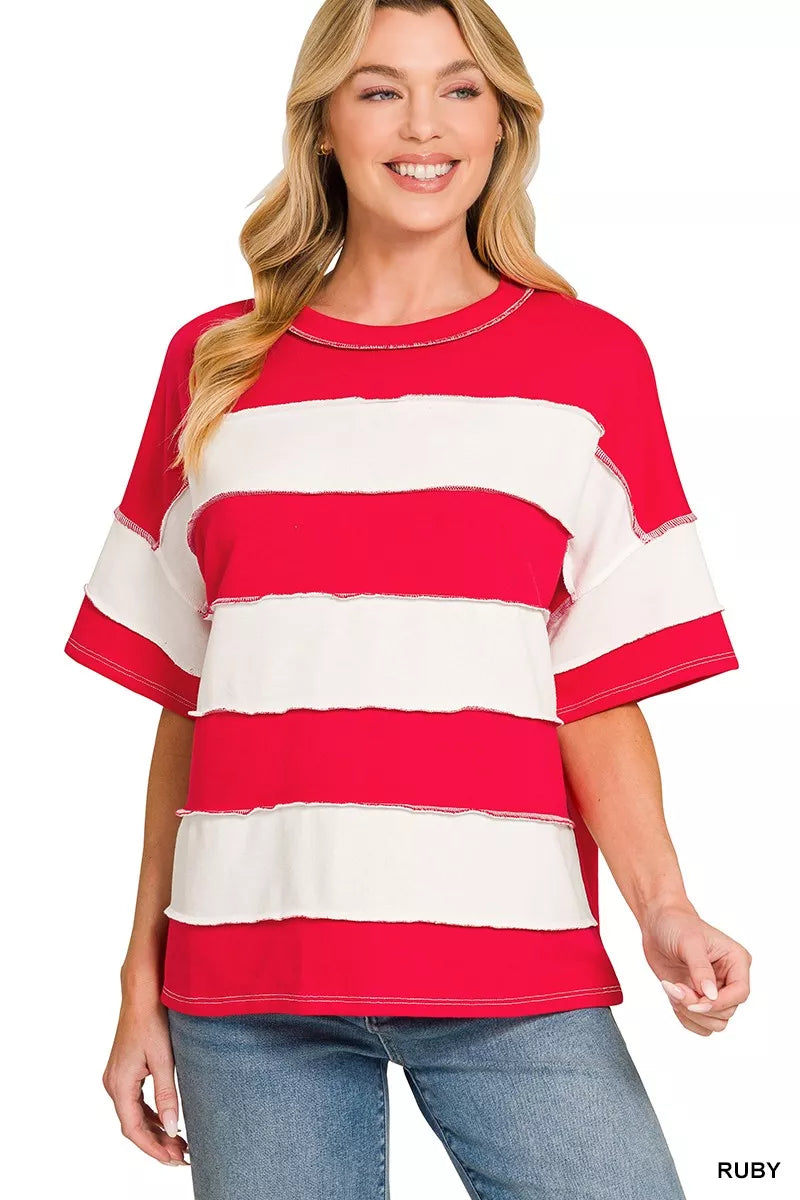 ZENANA French Terry Striped Exposed Seam Top on Simply Obsessed