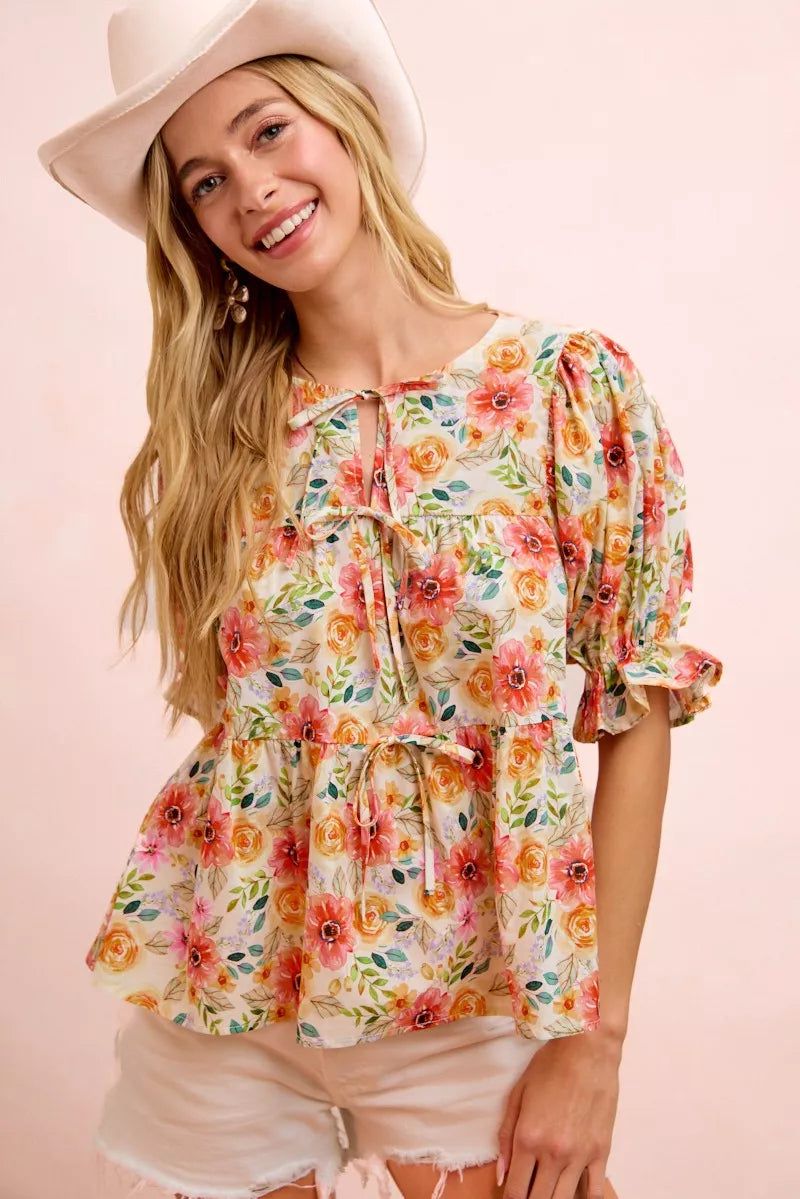 BIBI Flower Printed Shirring Detail Blouse Top on Simply Obsessed