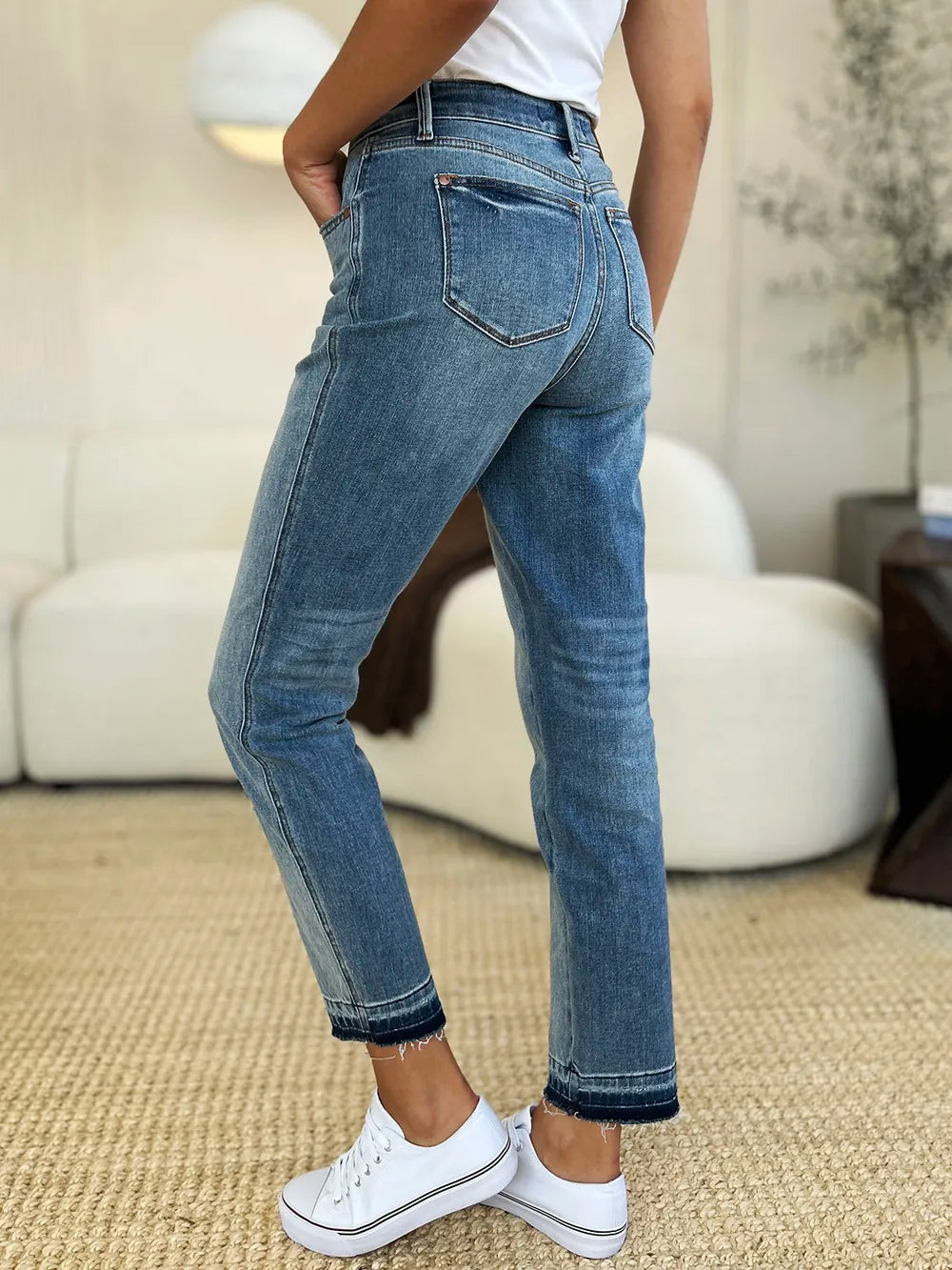 JUDY BLUE Full Size Mid Rise Rigid Magic Release Hem Jeans on Simply Obsessed