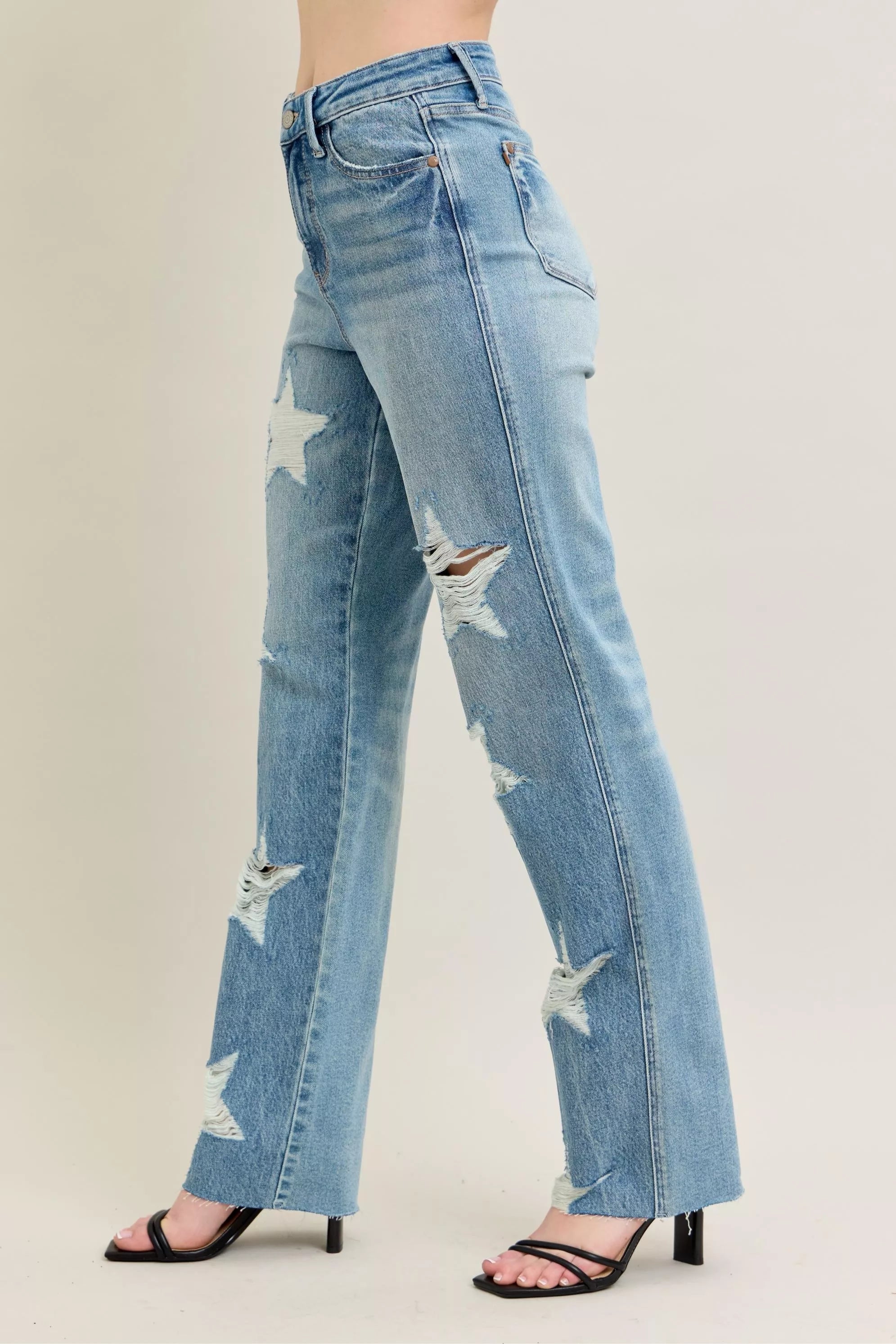 JUDY BLUE Full Size High Waist Rigid Magic Star Shaped Destroy 90's Straight Jeans Plus Size on Simply Obsessed