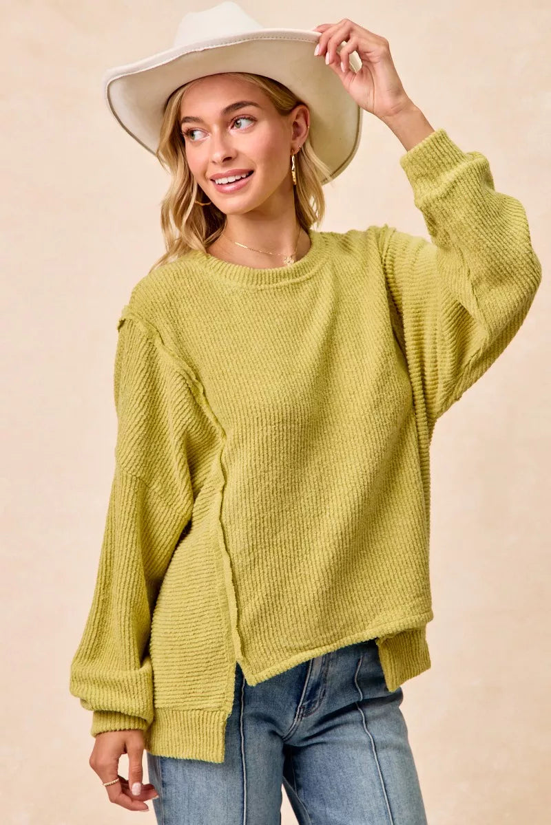 BIBI Boucle Rib Knit Uneven Hem Sweater With Open Seam on Simply Obsessed